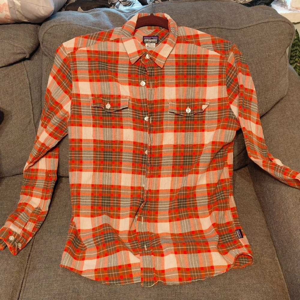 Men's Patagonia Orange Grey Plaid Flannel Casual Button Down Shirt M